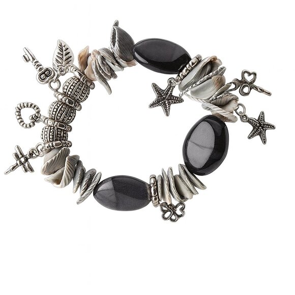 NEW Black & Gray Stretch Beaded Bracelet Silver Tone Charms - Picture 2 of 2